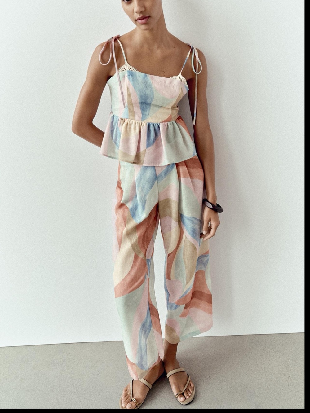 Zara printed Pastel Watercolor set Wide-Leg pants and top XS